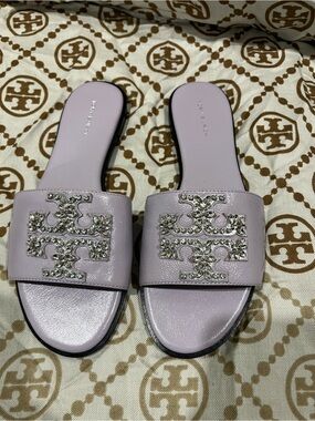 Tory Burch Everly Embellished Slide Sandals Lilac Field Purple Leather Size 7